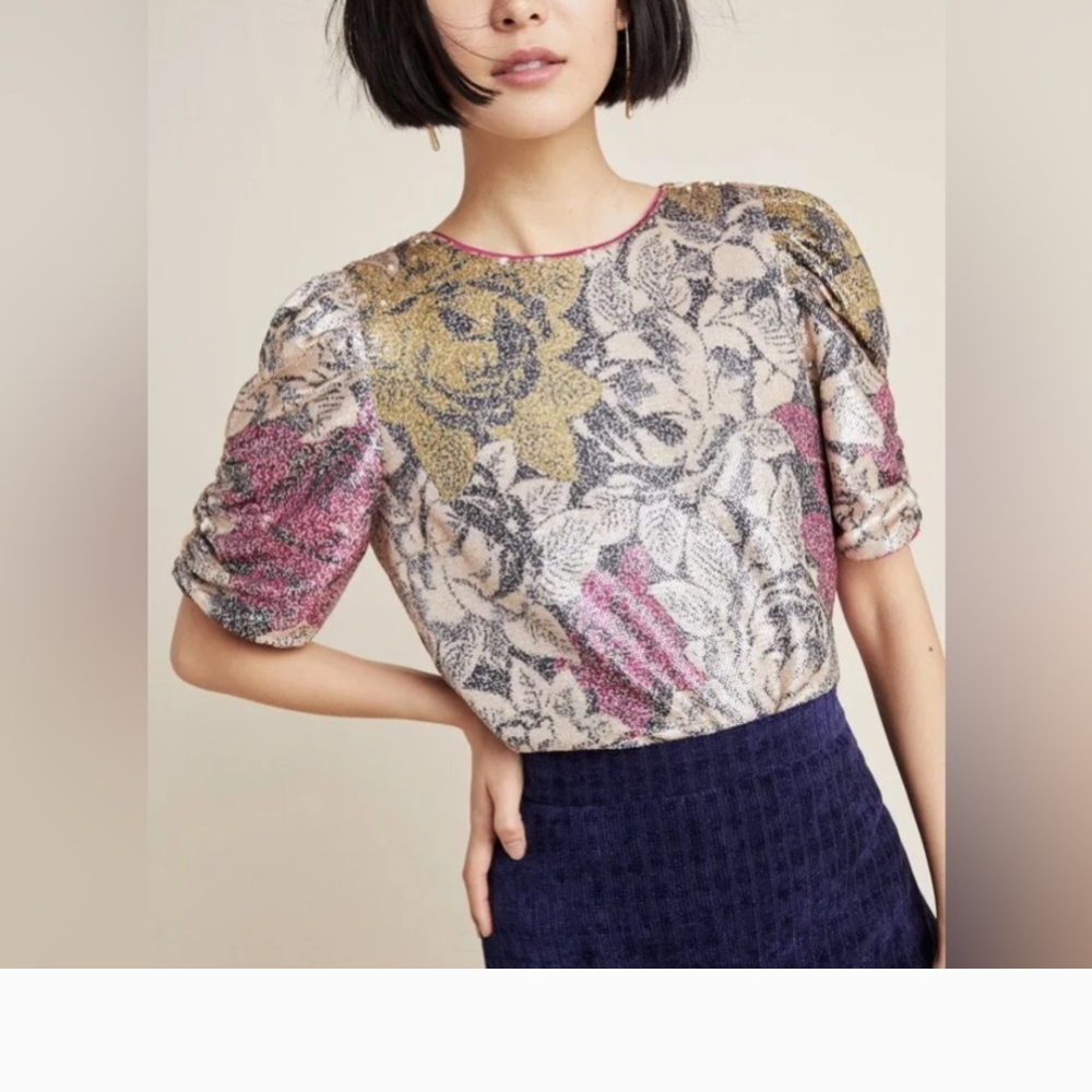 Anthropologie Marie Floral Sequin Blouse - Picture 2 of 4